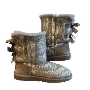 UGG Bailey Bow Short Boot Bling Metallic Genuine Australia Women’s 5 Youth 3 EUC